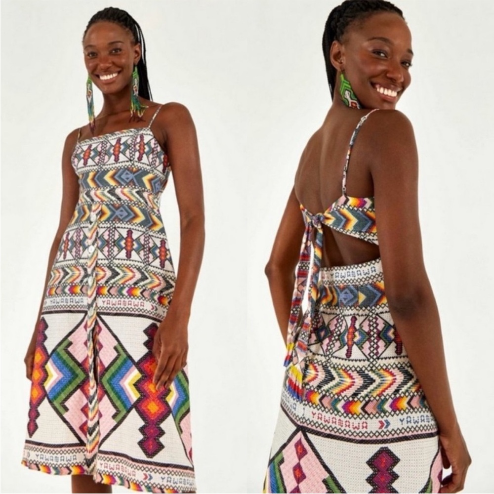 🌈 FARM Rio for Anthropologie Multicolor Geometric Tribal Indian Midi Dress XL
